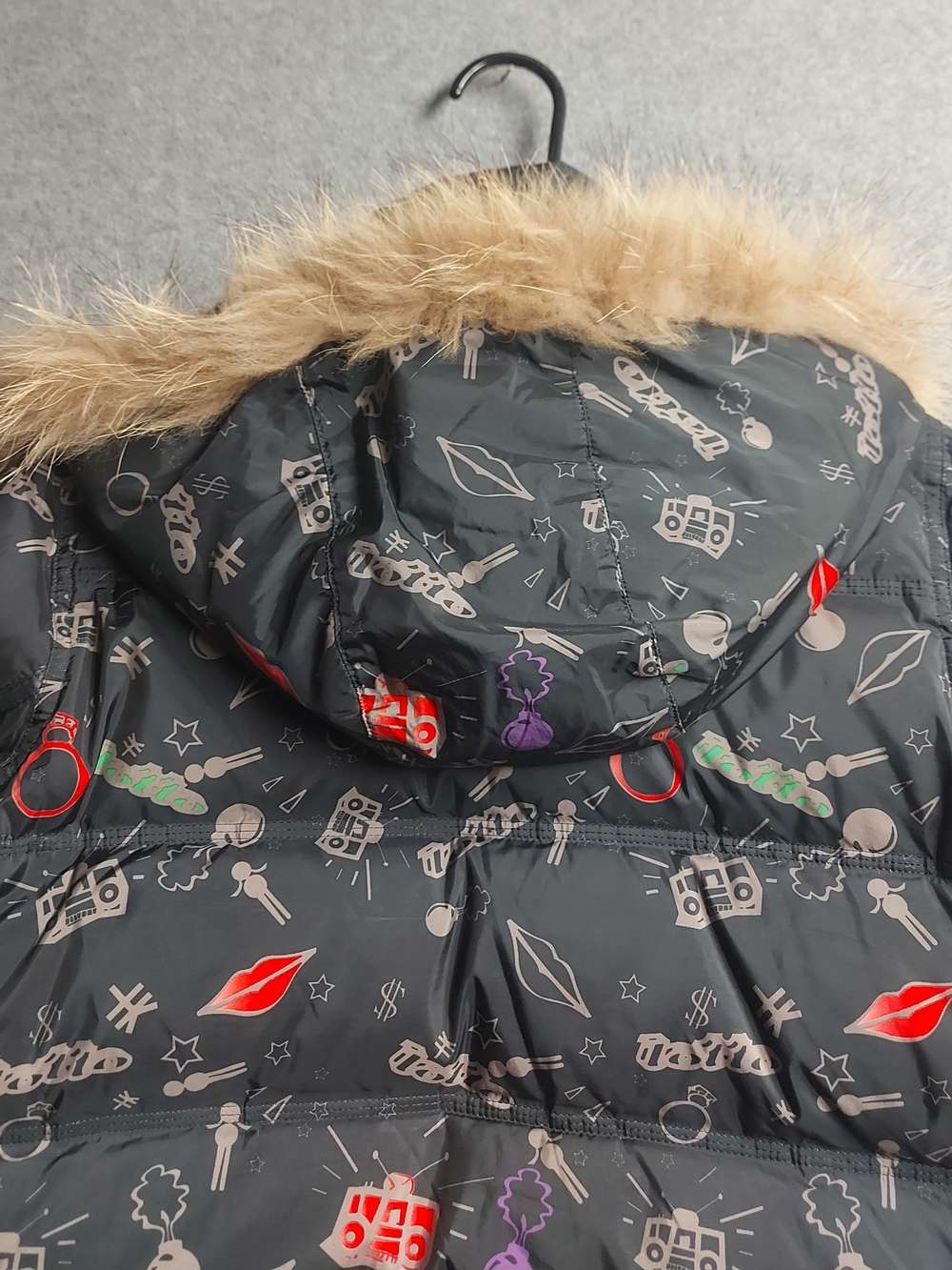 Lotto Leggenda Black Graphic Puffer Jacket Faux Fur Hood Size L - Picture 12 of 13